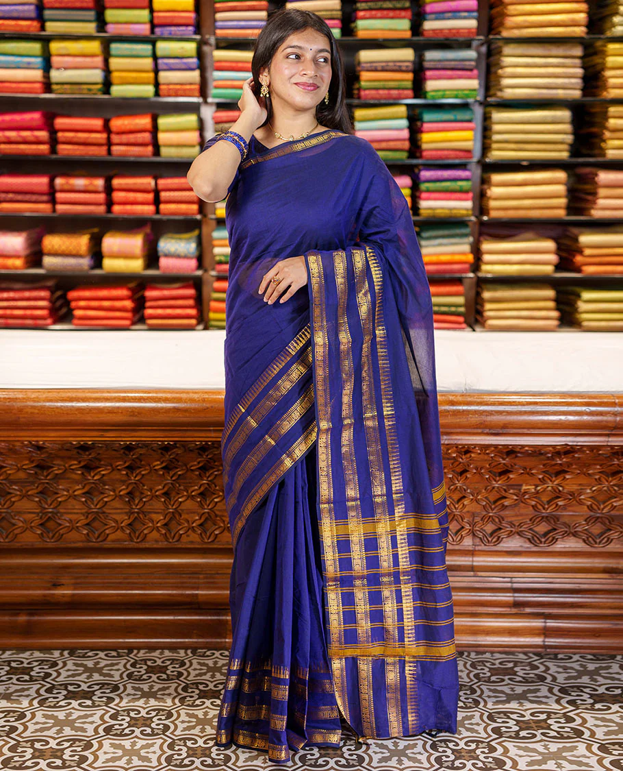 Blue Plain Chettinad Cotton Saree, Highlighted By Traditional Zari Designs Woven Border, Subtly Striped Pallu, and Paired with a Matching Blouse - Image 2