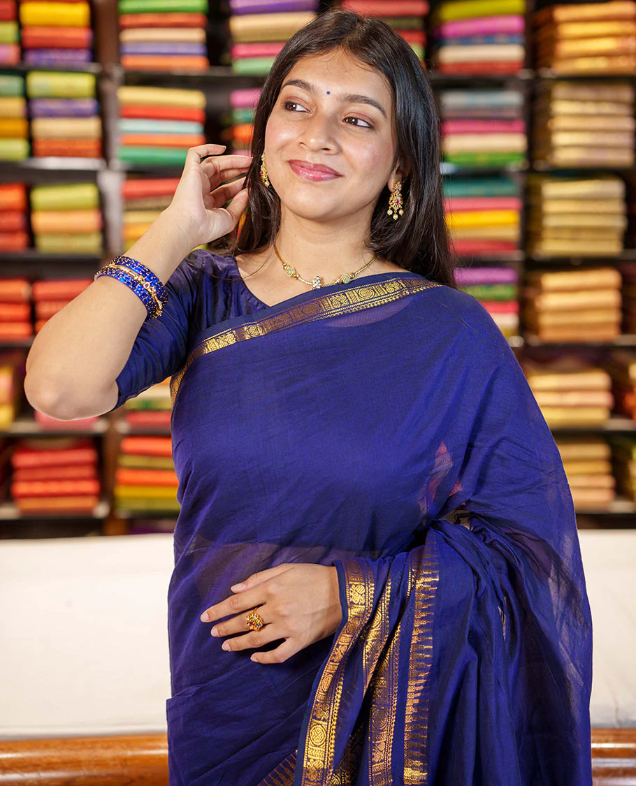 Blue Plain Chettinad Cotton Saree, Highlighted By Traditional Zari Designs Woven Border, Subtly Striped Pallu, and Paired with a Matching Blouse - Image 3