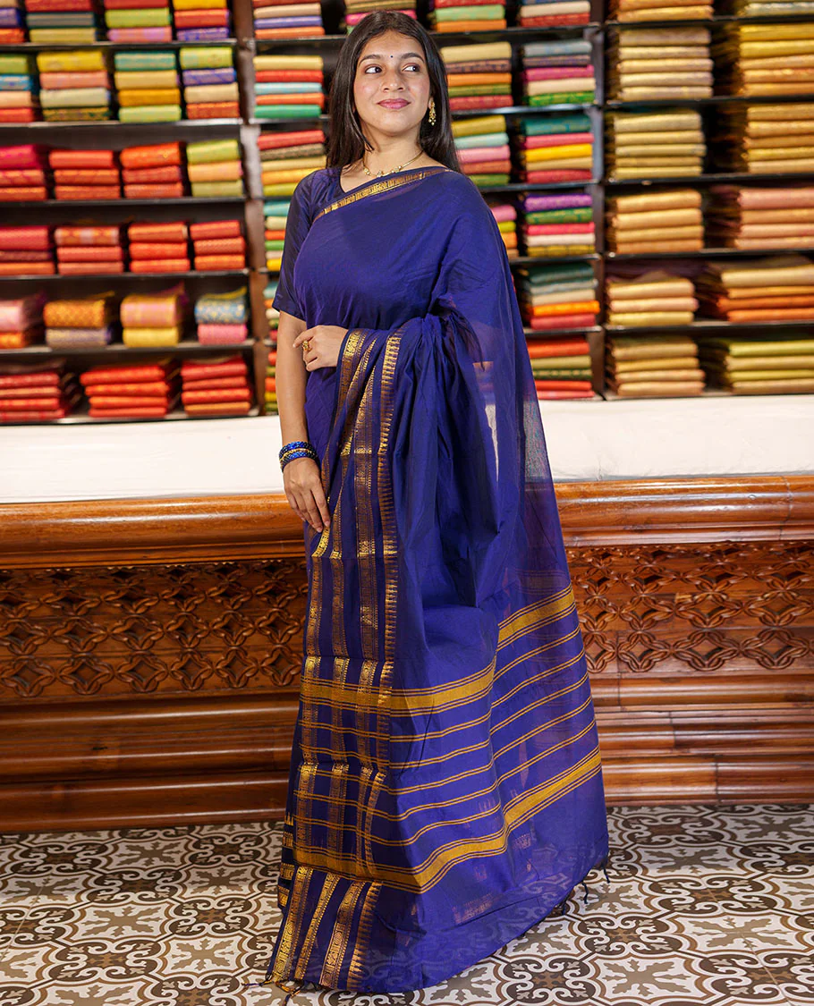 Blue Plain Chettinad Cotton Saree, Highlighted By Traditional Zari Designs Woven Border, Subtly Striped Pallu, and Paired with a Matching Blouse - Image 4