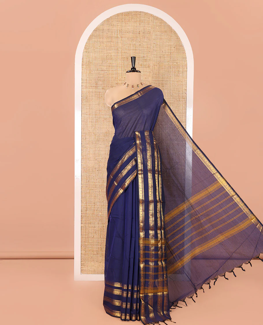 Blue Plain Chettinad Cotton Saree, Highlighted By Traditional Zari Designs Woven Border, Subtly Striped Pallu, and Paired with a Matching Blouse - Image 5