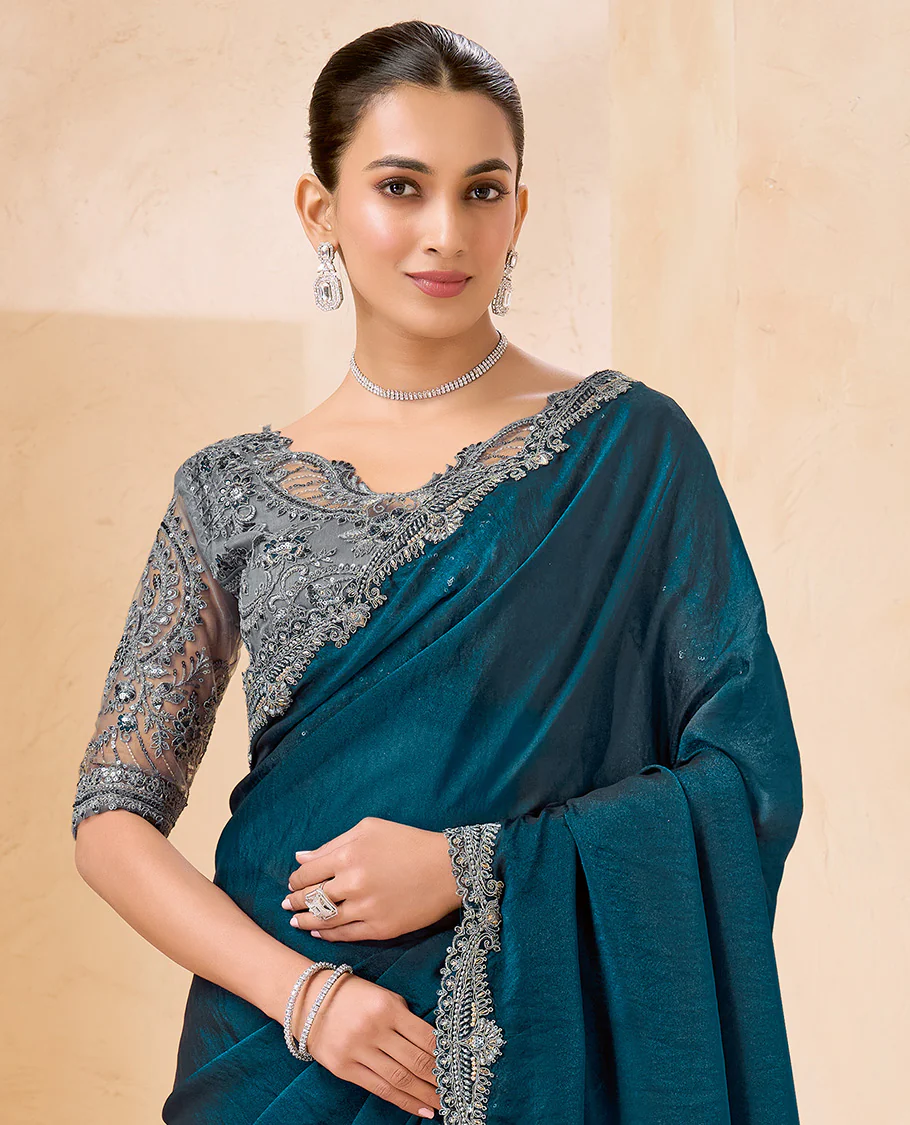 Blue Plain Designer Saree, Scallop Embroidered Border, a Self-Pallu, and Paired with a Contrast Intricately Embroidered Blouse - Image 2