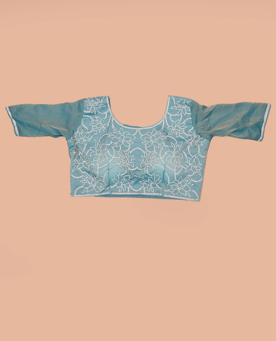 Blue plain designer saree, scallop embroidered border, and a matching elbow sleeve blouse of floral vine in micro-stones - Image 5