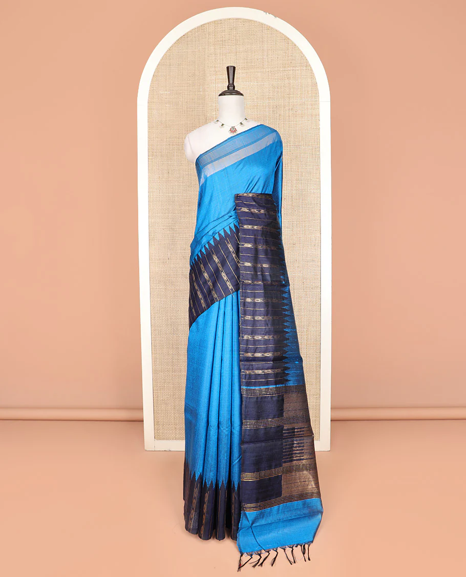 Blue Plain Dupion Silk Saree, Complemented by a Contrast Temple Border of Geometric Patterns, Zari-Rich Pallu of Temple Designs, and Paired with a Contrast Blouse - Image 3