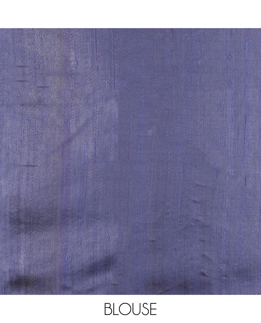 Blue Plain Dupion Silk Saree, Complemented by a Contrast Temple Border of Geometric Patterns, Zari-Rich Pallu of Temple Designs, and Paired with a Contrast Blouse - Image 4