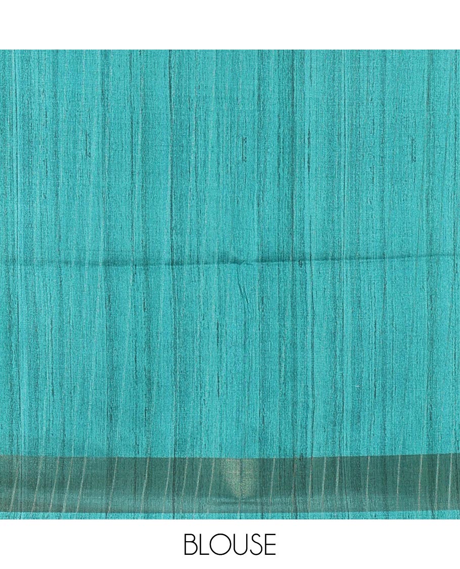 Blue plain fancy tussar saree, contrast floral printed border, floral vine printed pallu, and a contrast plain blouse - Image 4