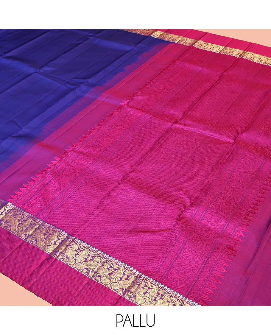 Blue Plain Kanchipuram Silk Saree, Complemented by a Contrast Border of Muthu, Mayil, and Vanki Designs, Jaal Pallu, and Paired with a Contrast Blouse - Image 5