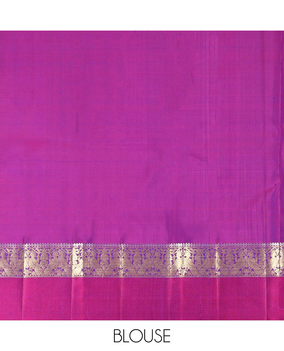 Blue Plain Kanchipuram Silk Saree, Complemented by a Contrast Border of Muthu, Mayil, and Vanki Designs, Jaal Pallu, and Paired with a Contrast Blouse - Image 6