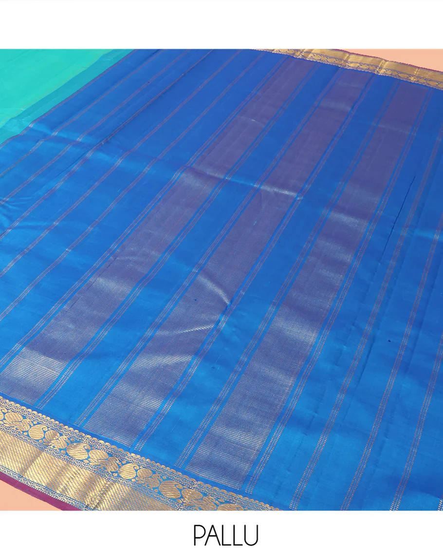 Blue Plain Kanchipuram Silk Saree, Complemented by Contrast Border of Salngai, Muthu, Rekku, Manga, Mayil, and Zari Stripes, Subtly Sparkled Pallu, and Paired with a Contrast Blouse - Image 5