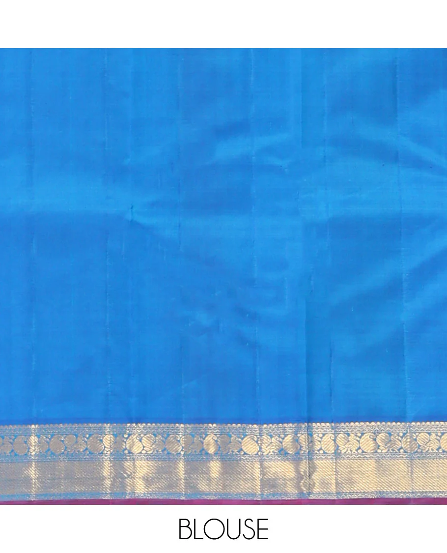 Blue Plain Kanchipuram Silk Saree, Complemented by Contrast Border of Salngai, Muthu, Rekku, Manga, Mayil, and Zari Stripes, Subtly Sparkled Pallu, and Paired with a Contrast Blouse - Image 6