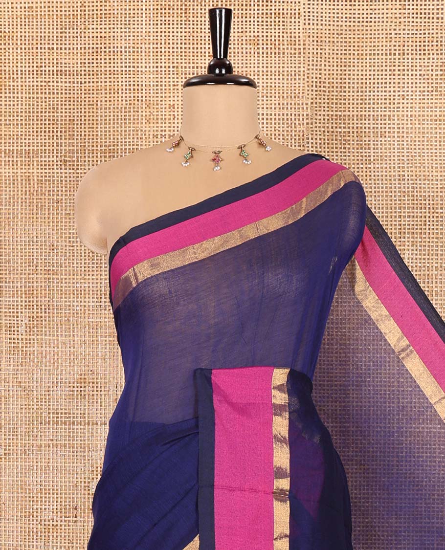 Blue Plain Khadi Mul Cotton Saree, Complemented by Contrast Zari Striped Border, Plain Pallu, and Paired with a Matching Blouse - Image 2