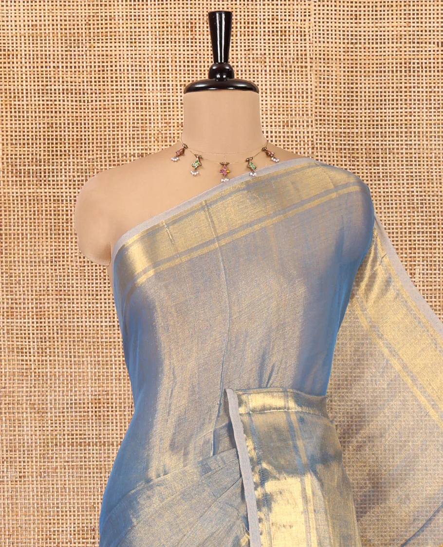 Blue Plain Khadi Tissue Saree, a Gleaming Zari Bavanji Border, Golden Zari Striped Pallu, and Paired with a Matching Blouse - Image 2