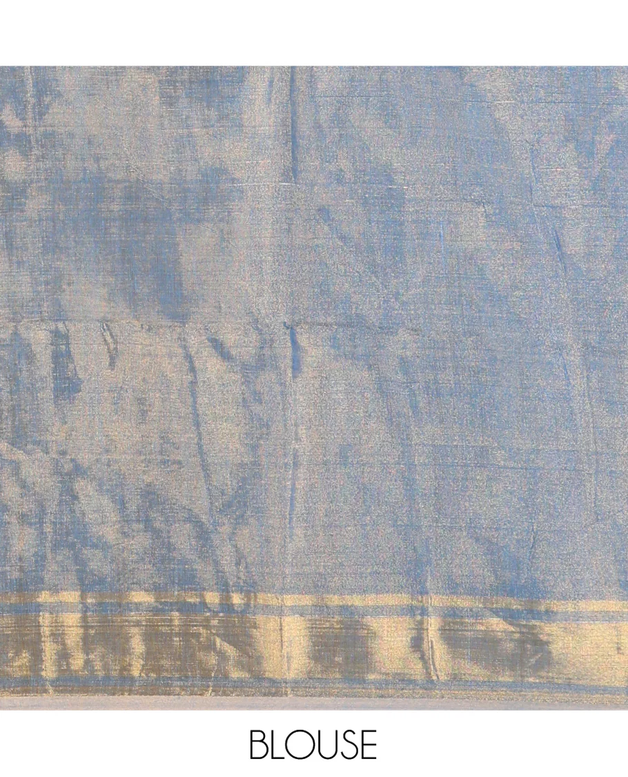 Blue Plain Khadi Tissue Saree, a Gleaming Zari Bavanji Border, Golden Zari Striped Pallu, and Paired with a Matching Blouse - Image 3