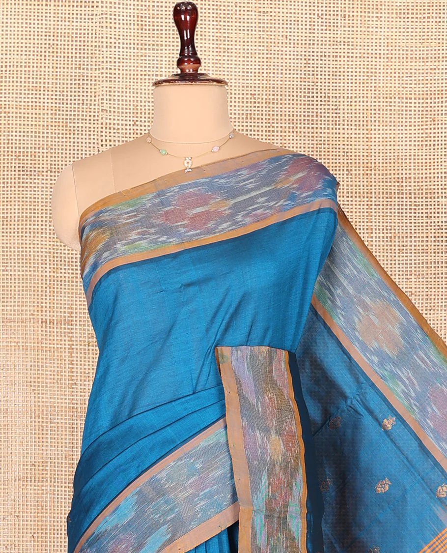 Blue Plain Kuppadam Cotton Saree, Complemented by a Contrast Ikkat Textured Border, Captivating Contrast Pallu of Stripes, and Paired with a Contrast Blouse - Image 2