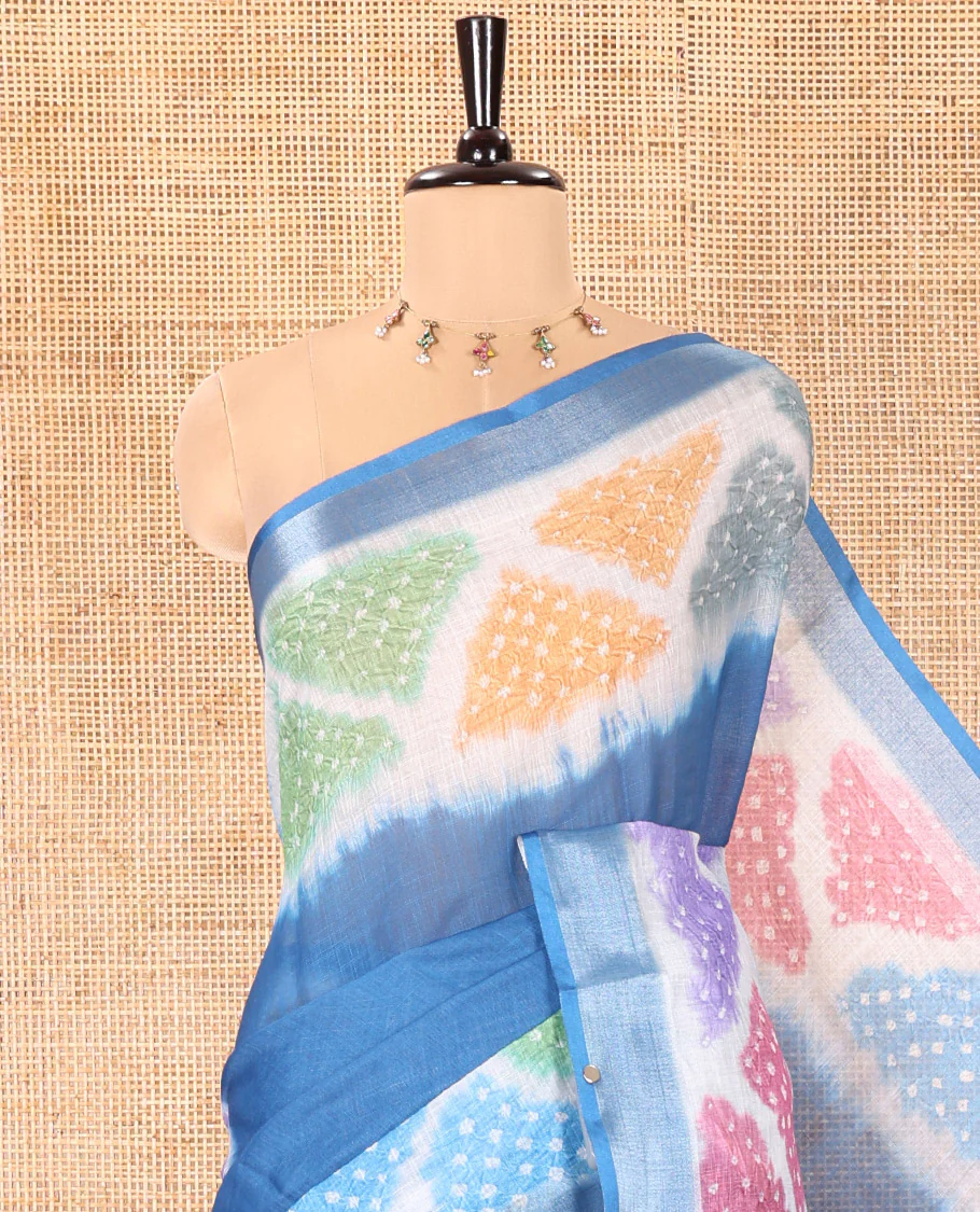 Blue Plain Linen Cotton Saree, Highlighted by a Colorful Bandhani Printed Zari Border, Pallu of Bandhani Print, and Paired with a Matching Bandhani Printed Blouse - Image 2