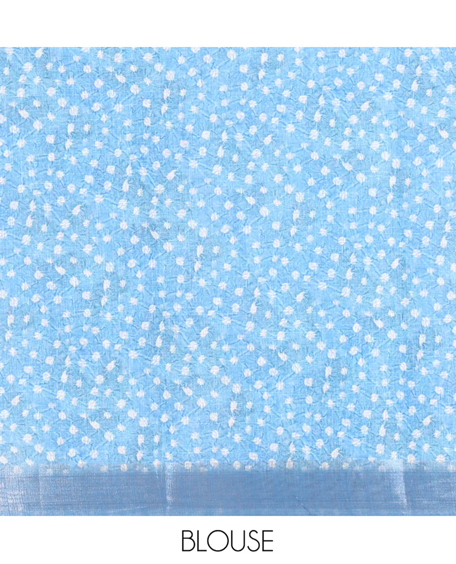 Blue Plain Linen Cotton Saree, Highlighted by a Colorful Bandhani Printed Zari Border, Pallu of Bandhani Print, and Paired with a Matching Bandhani Printed Blouse - Image 3