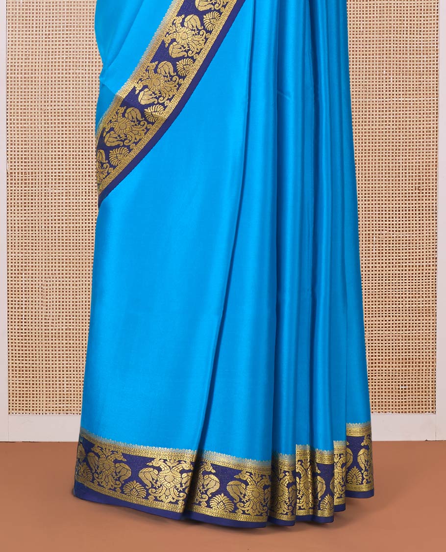 Blue plain Mysore silk saree, contrast two-headed eagle border, and pallu of traditional designs - Image 4