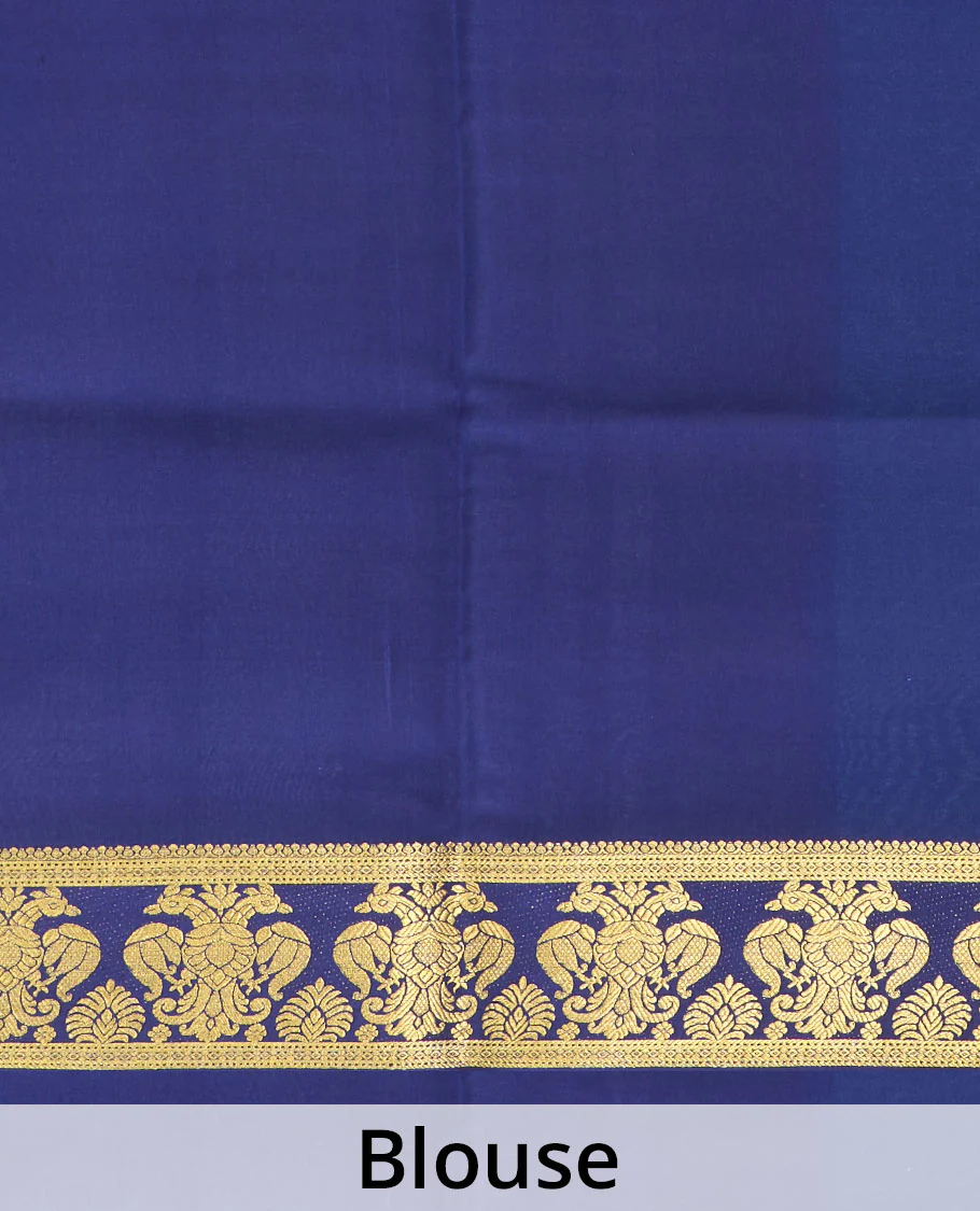 Blue plain Mysore silk saree, contrast two-headed eagle border, and pallu of traditional designs - Image 5