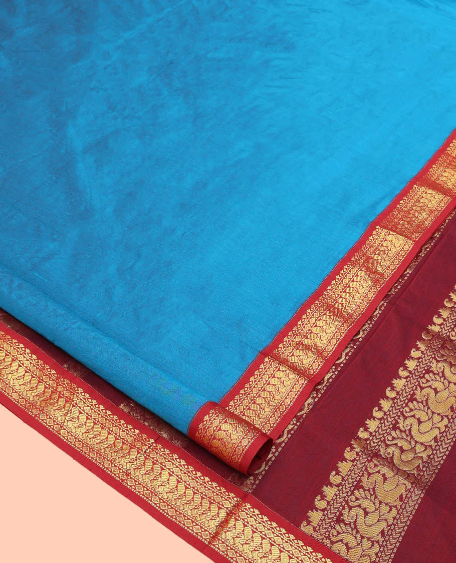 Blue Plain Nine Yard Cotton Saree, Complemented by Contrast Traditional Zari Design Border, Pallu of Traditional Designs, and Comes Without a Blouse