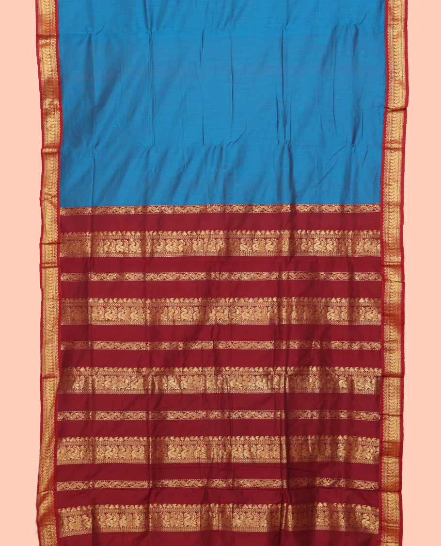 Blue Plain Nine Yard Cotton Saree, Complemented by Contrast Traditional Zari Design Border, Pallu of Traditional Designs, and Comes Without a Blouse - Image 2