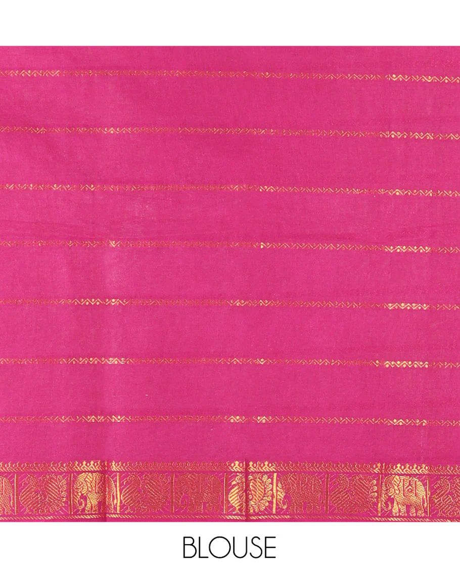 Blue Plain Sungudi Cotton Saree, Highlighted by Traditional Zari Border of Peacock and Floral Creeper Designs, Subtly Striped Pallu, and Paired with a Contrast Blouse - Image 3