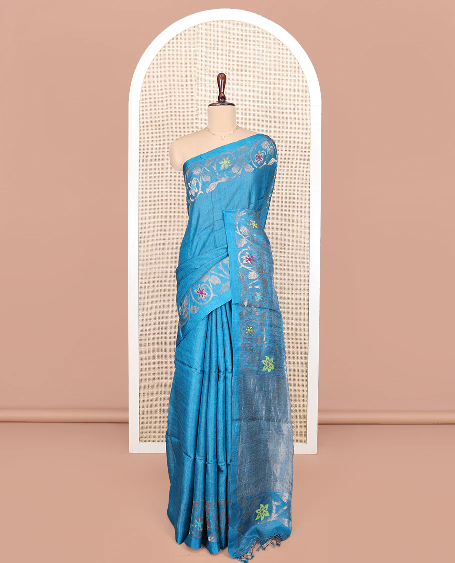 Blue Plain Tussar Silk Saree, Highlighted by Floral Creeper Design Border, Gleaming Zari Pallu, and Paired with a Contrast Blouse - Image 3