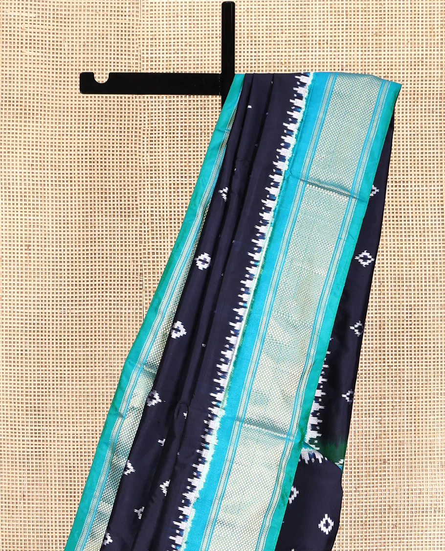 Blue Pochampally Ikat Silk Saree, Accentuated with Ikkat Buttas on Its Body, Complemented by Contrast Temple Traditional Design Border, Pallu of Intricate Patterns, and Paired with a Contrast Blouse - Image 3