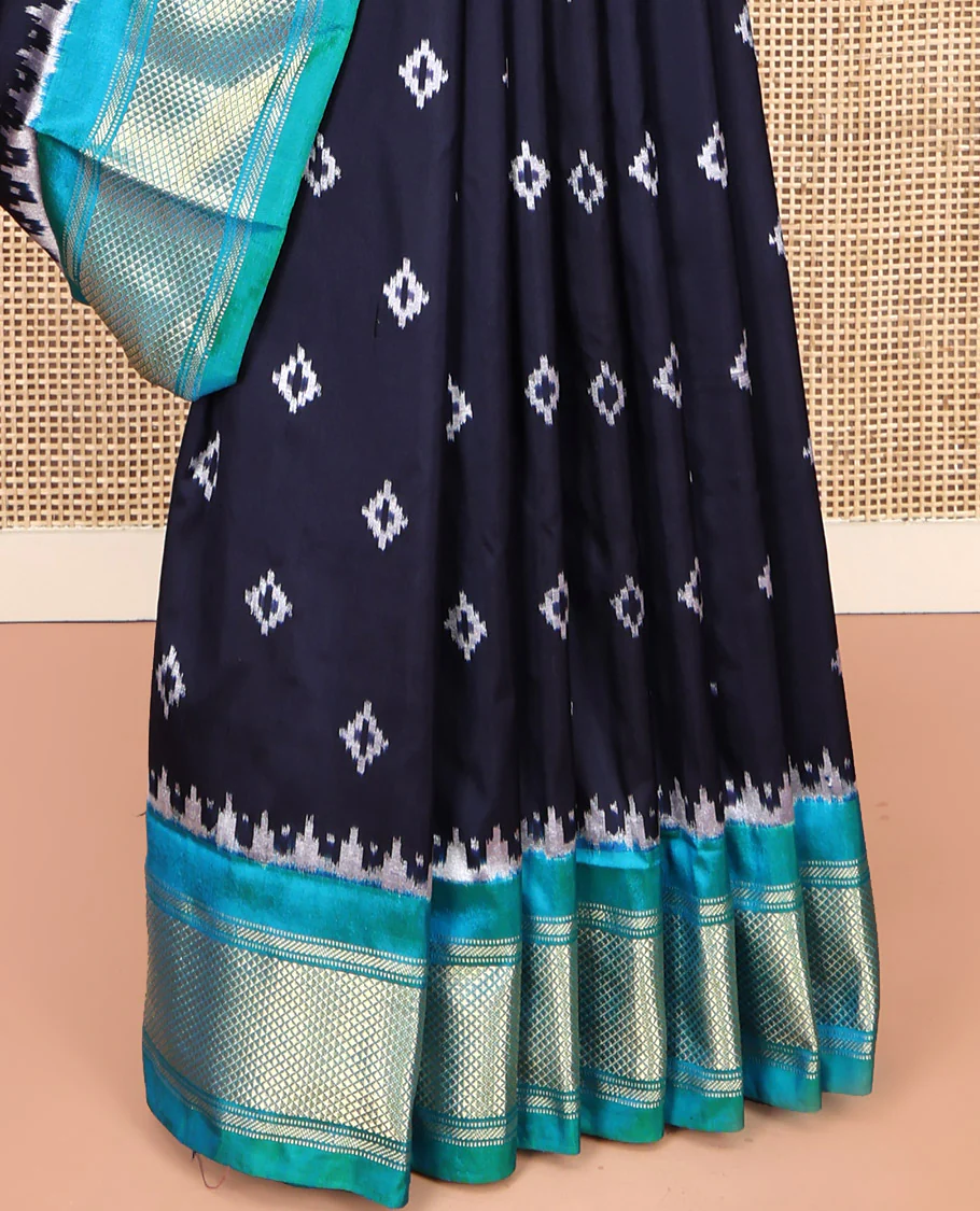 Blue Pochampally Ikat Silk Saree, Accentuated with Ikkat Buttas on Its Body, Complemented by Contrast Temple Traditional Design Border, Pallu of Intricate Patterns, and Paired with a Contrast Blouse - Image 4