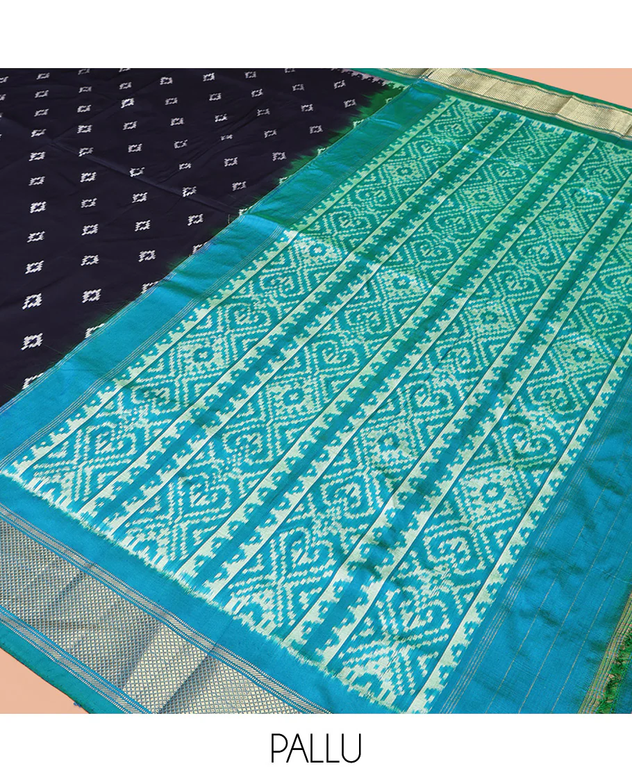 Blue Pochampally Ikat Silk Saree, Accentuated with Ikkat Buttas on Its Body, Complemented by Contrast Temple Traditional Design Border, Pallu of Intricate Patterns, and Paired with a Contrast Blouse - Image 5