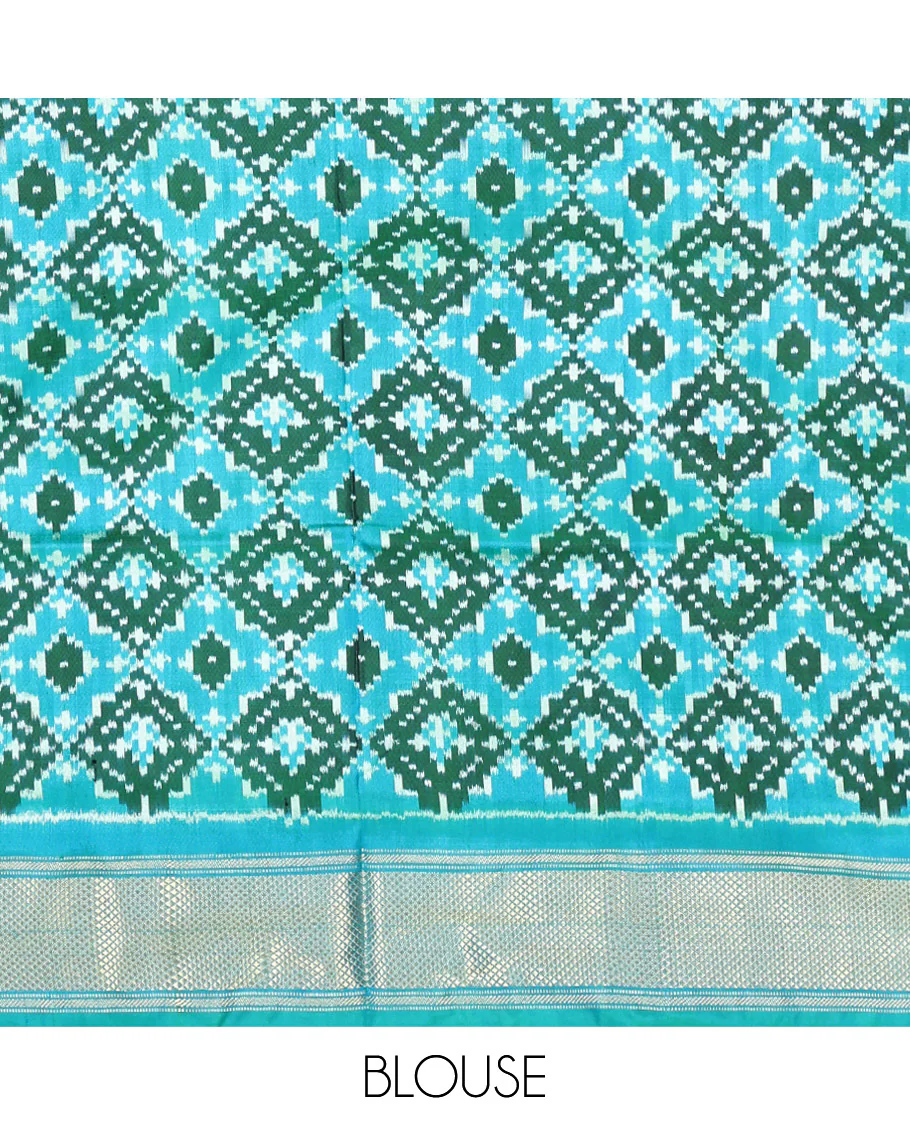 Blue Pochampally Ikat Silk Saree, Accentuated with Ikkat Buttas on Its Body, Complemented by Contrast Temple Traditional Design Border, Pallu of Intricate Patterns, and Paired with a Contrast Blouse - Image 6