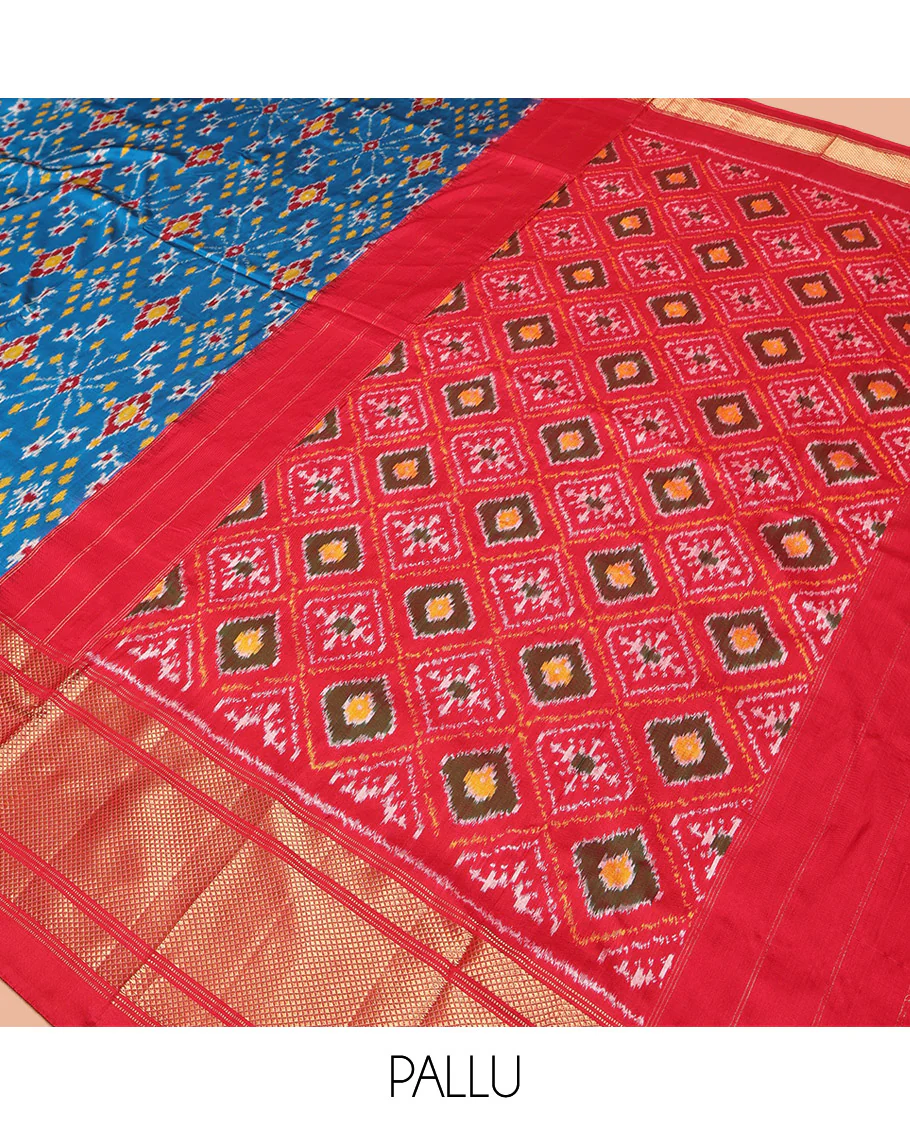Blue Pochampally Ikat Silk Saree, Adorned with Ikat Patterns on Its Body, Complemented by a Contrast Temple Traditional Woven Border, Pallu of Jaal Ikkat Weave, and Paired with a Contrast Blouse - Image 5