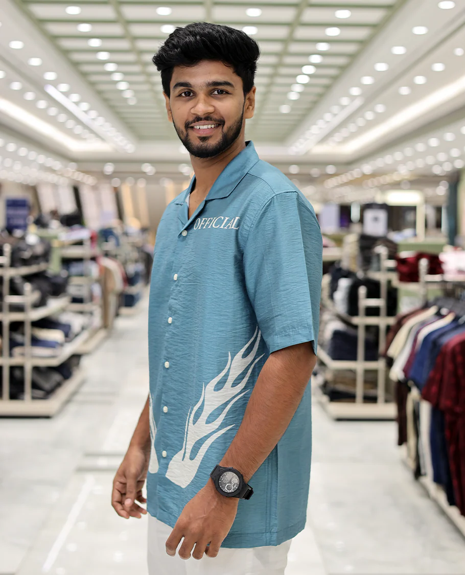 Blue Poly-Blended Causal Shirt, Comes with Fire Motifs Print, Half Sleeves, a Cuban Collar, a Boxy Fit, and Regular Length - Image 2