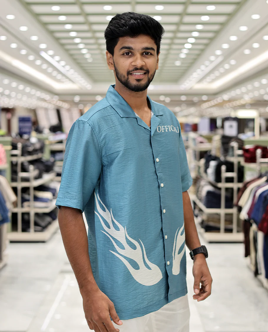 Blue Poly-Blended Causal Shirt, Comes with Fire Motifs Print, Half Sleeves, a Cuban Collar, a Boxy Fit, and Regular Length - Image 3