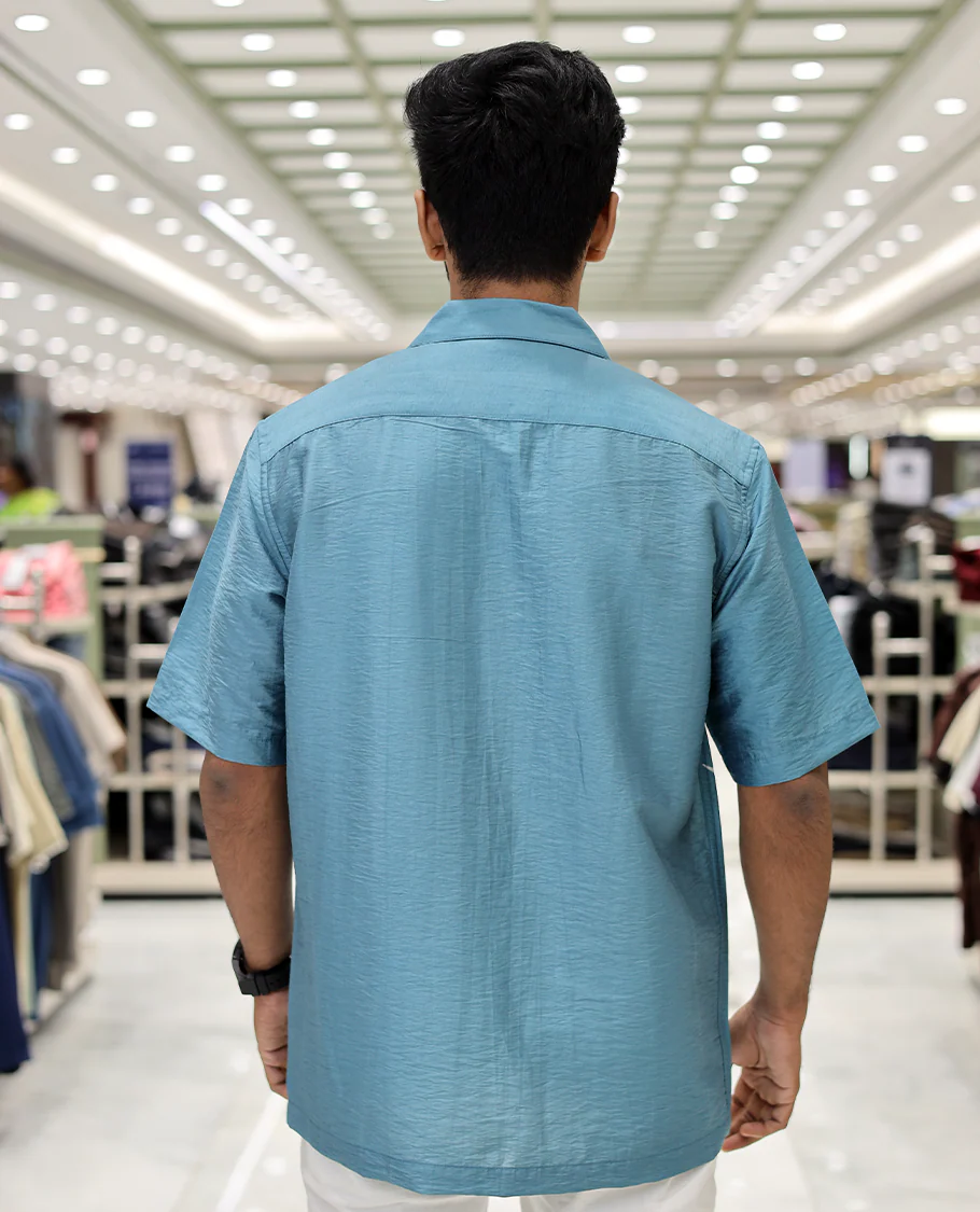 Blue Poly-Blended Causal Shirt, Comes with Fire Motifs Print, Half Sleeves, a Cuban Collar, a Boxy Fit, and Regular Length - Image 4