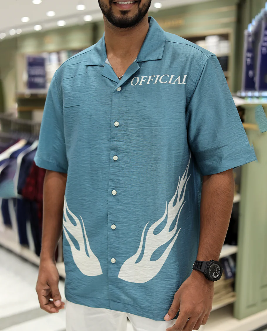 Blue Poly-Blended Causal Shirt, Comes with Fire Motifs Print, Half Sleeves, a Cuban Collar, a Boxy Fit, and Regular Length - Image 5