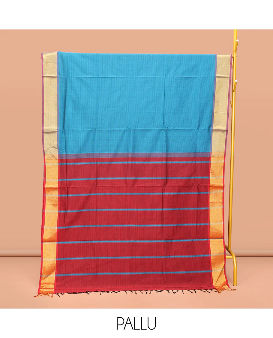 Blue Poly Cotton Saree, Sparsely Threaded with Stripes on Its Body, Complemented by Contrast Peacock-Eyed Border, Striped Pallu, and Paired with a Contrast Blouse - Image 3