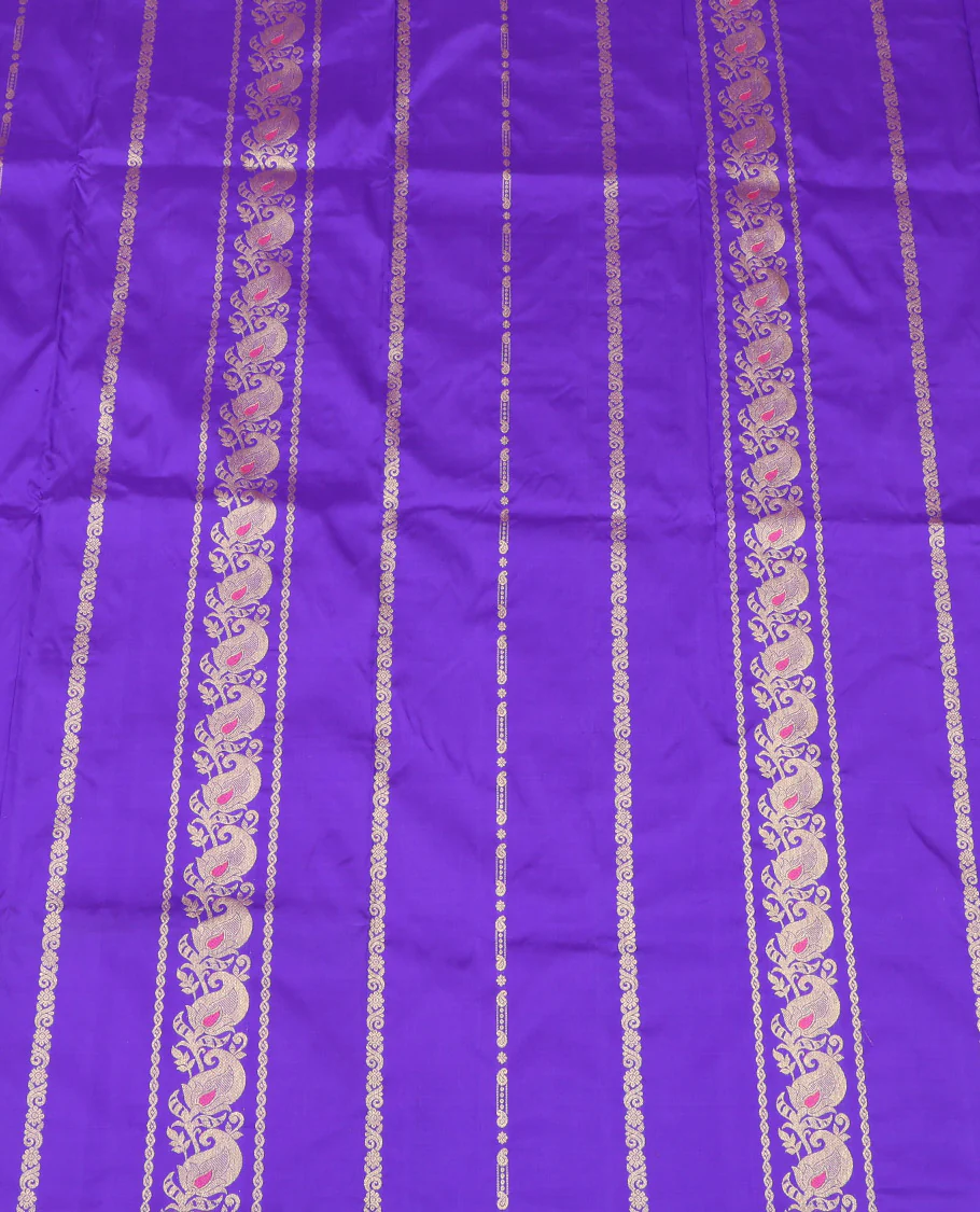 Blue Pure Silk Half-Saree, Decorated with Zari Designs on Its Body, Complemented by a Contrast Floral Design Border, Complemented by a Contrast Blouse, and Paired with a Contrast Dhavani of Annam Chakram Designs - Image 4
