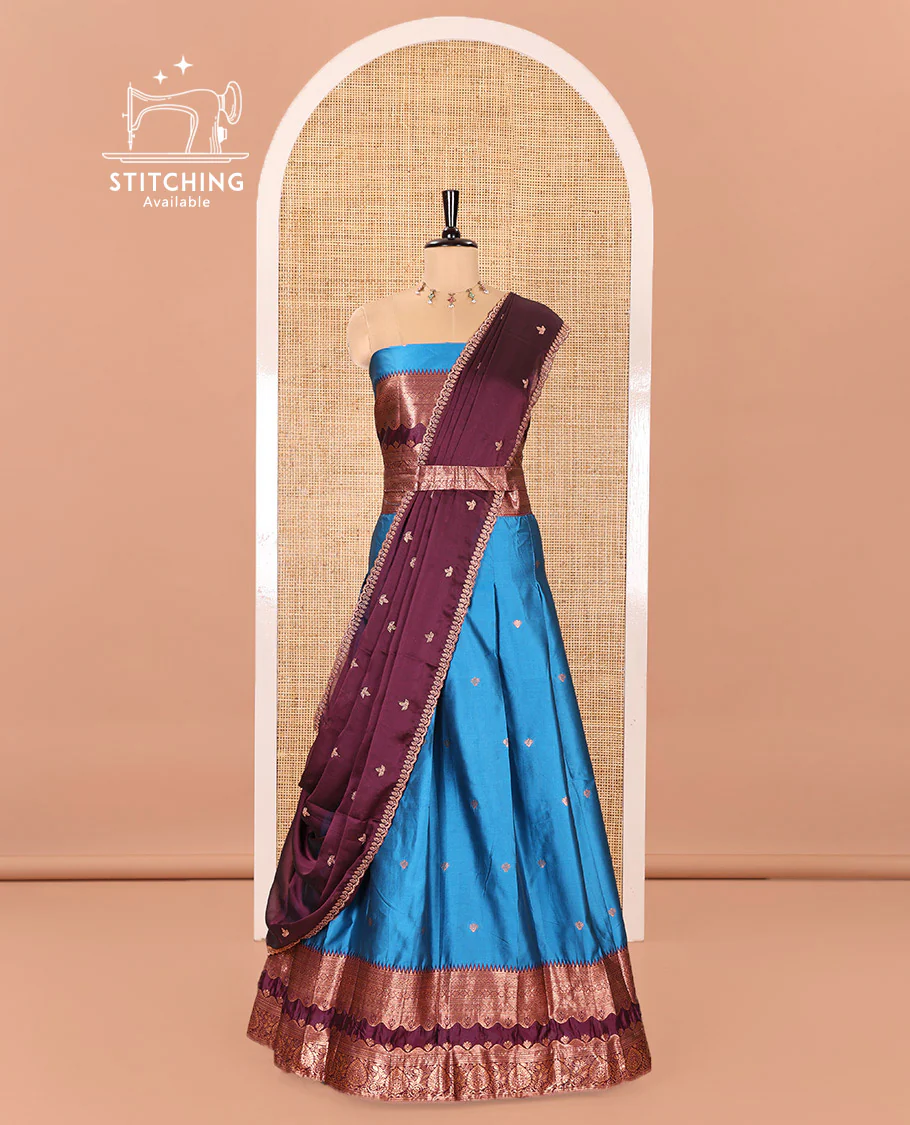 Blue-Purple Semi-Banarasi Half-Saree Mesmerized with Zari Buttas on Its Skirt, Complemented by a Contrast Traditional Zari Temple Rettai Pettu Border, Paired with a Matching Blouse, and a Satin Georgette Embroidered Scallop Dhavani - Image 3