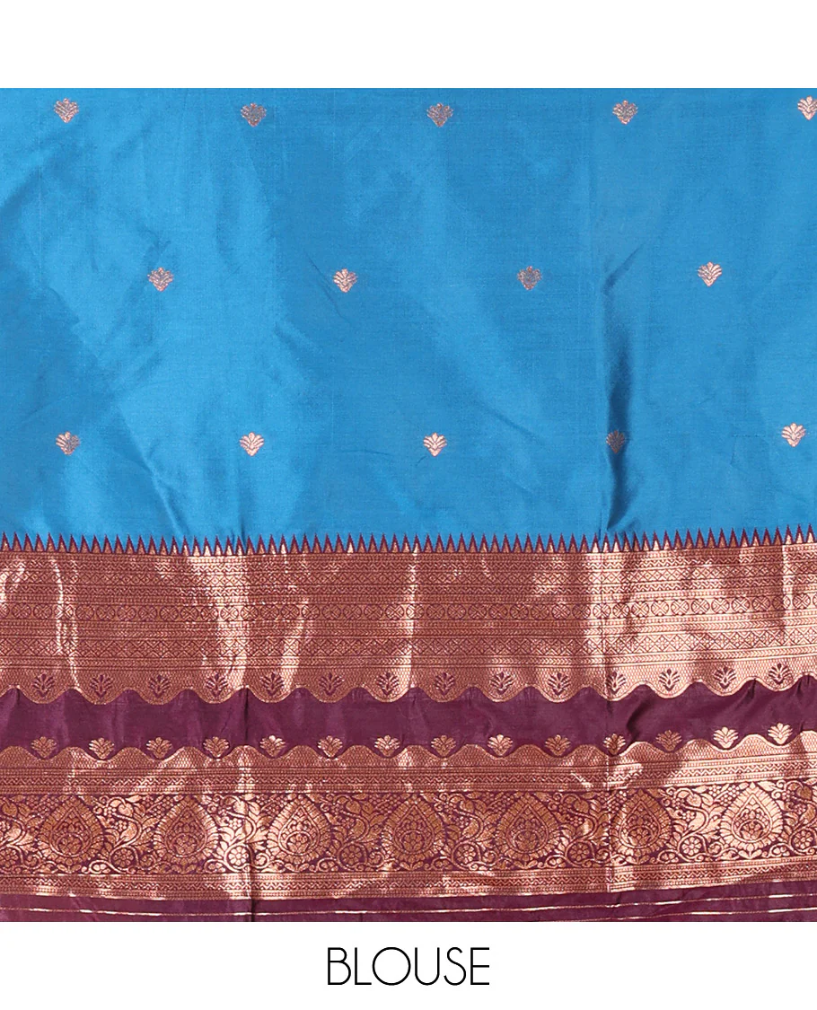 Blue-Purple Semi-Banarasi Half-Saree Mesmerized with Zari Buttas on Its Skirt, Complemented by a Contrast Traditional Zari Temple Rettai Pettu Border, Paired with a Matching Blouse, and a Satin Georgette Embroidered Scallop Dhavani - Image 4