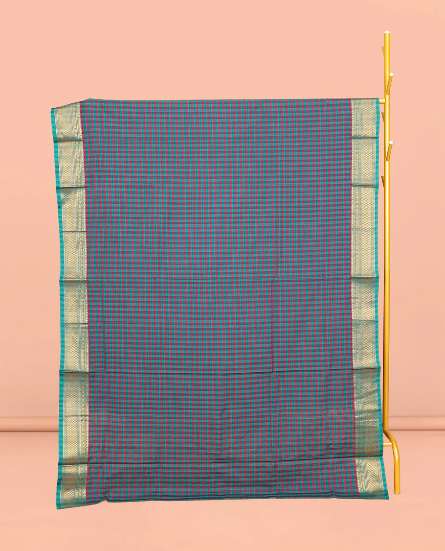 Blue-Red Chettinad Cotton Saree, Features Micro-Checks, Highlighted by Traditional Zari Border, Striped Pallu, and No Blouse