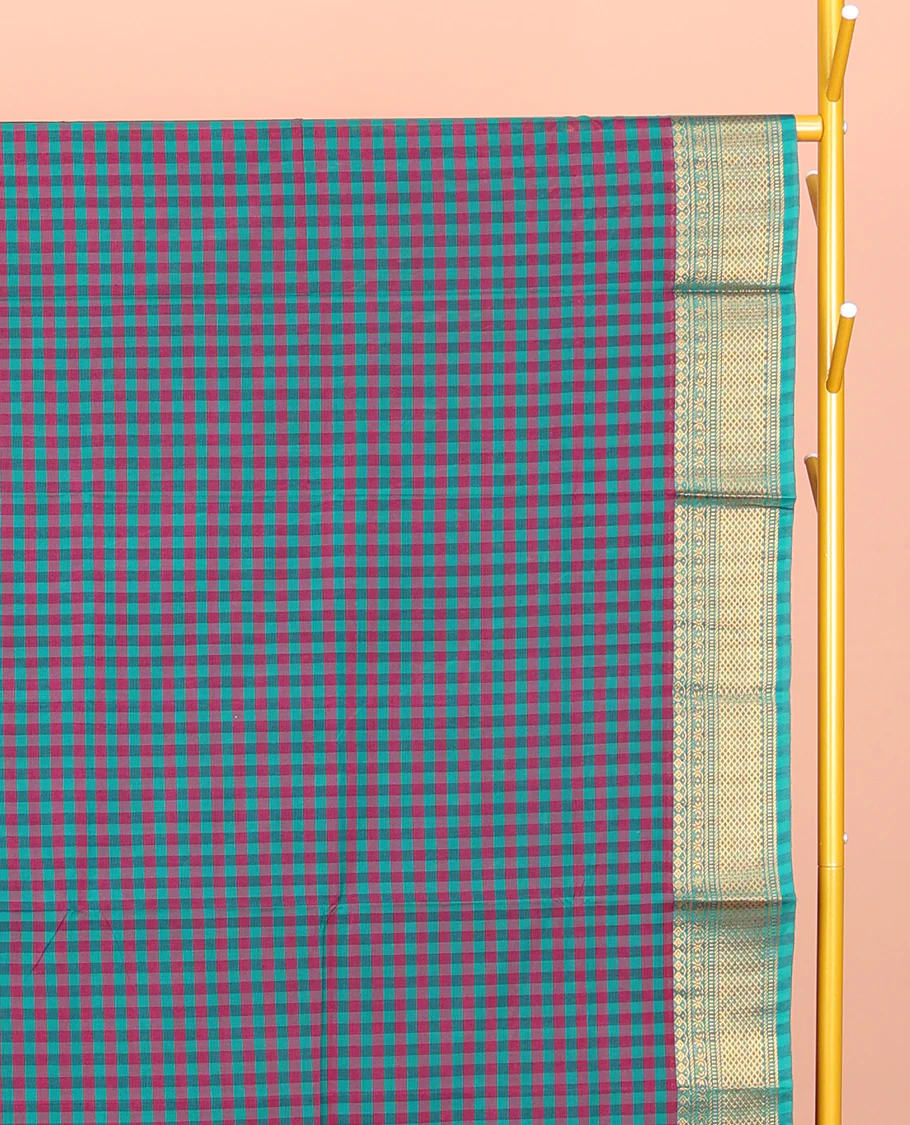Blue-Red Chettinad Cotton Saree, Features Micro-Checks, Highlighted by Traditional Zari Border, Striped Pallu, and No Blouse - Image 2