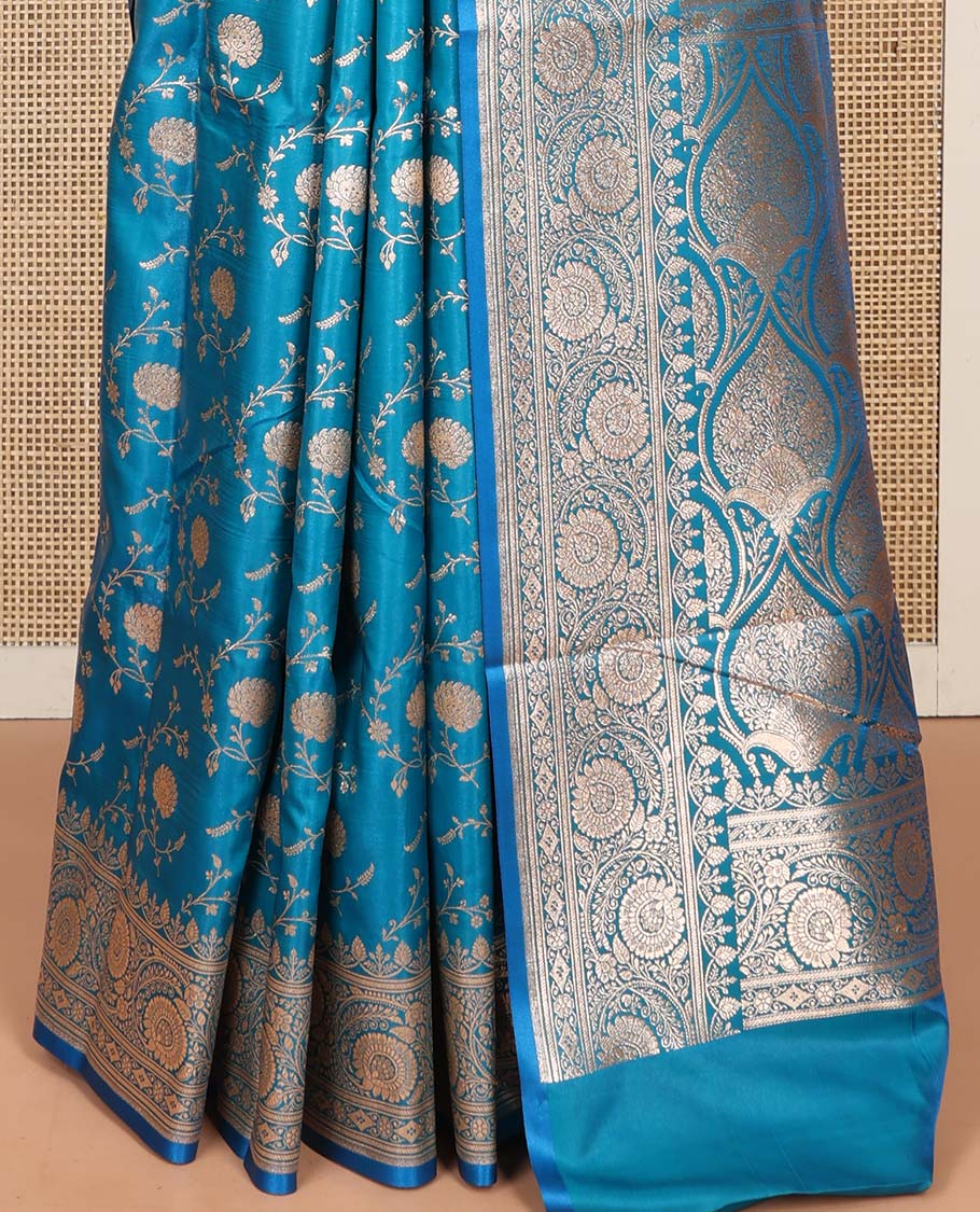 Blue Semi-Banaras Saree, Majestically Detailed with Floral Jaal Jacquard on Its Body, Highlighted by a Floral Creeper Design Border, Intricately Designed Zari Pallu, and Paired with a Matching Blouse - Image 4