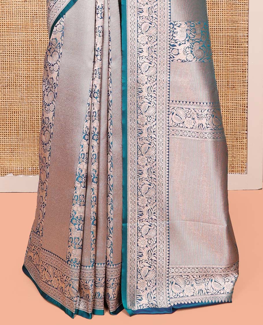 Blue Semi-Banaras Silk Saree, Opulently Embellished with Animal-themed Jacquard Designs on Its Body, Highlighted by a Zari Border of Traditional Designs, Pallu Steeped with Stripes, and Paired with a Matching Blouse - Image 4
