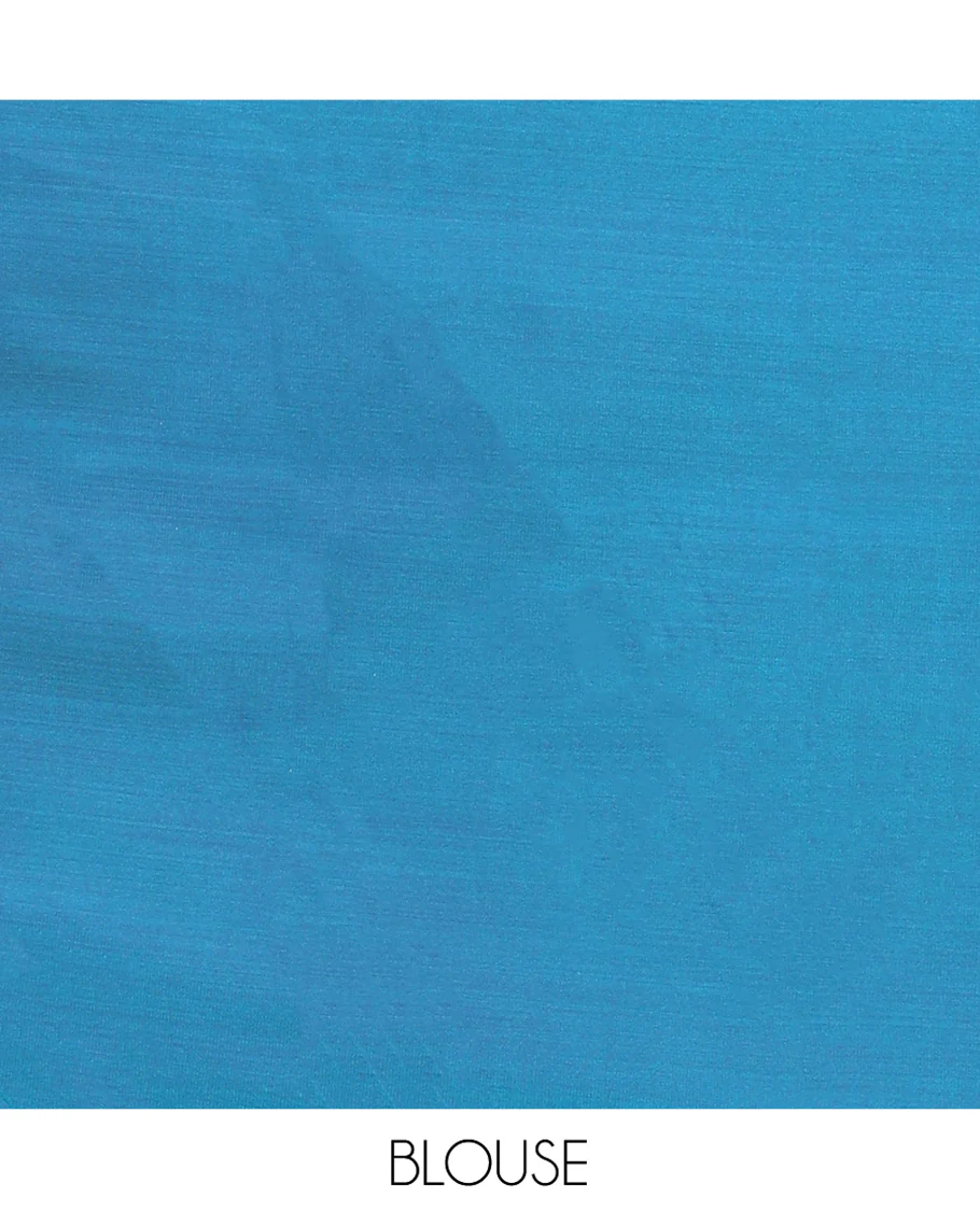 Blue Semi-Banaras Silk Saree, Opulently Embellished with Animal-themed Jacquard Designs on Its Body, Highlighted by a Zari Border of Traditional Designs, Pallu Steeped with Stripes, and Paired with a Matching Blouse - Image 5