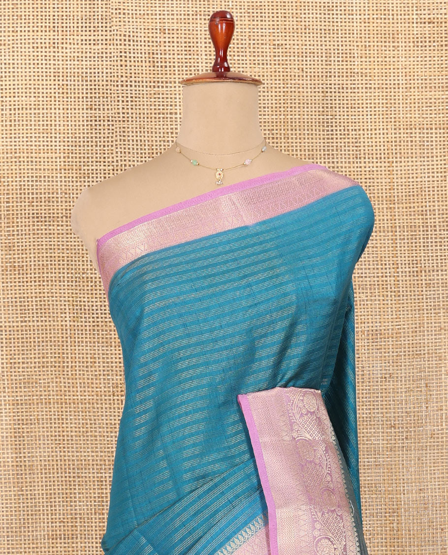 Blue Semi-Banarasi Dupion Saree, Beautified with Stripes, a Contrast Floral Creeper Zari Border, Striped Pallu, and a Contrast Blouse - Image 2