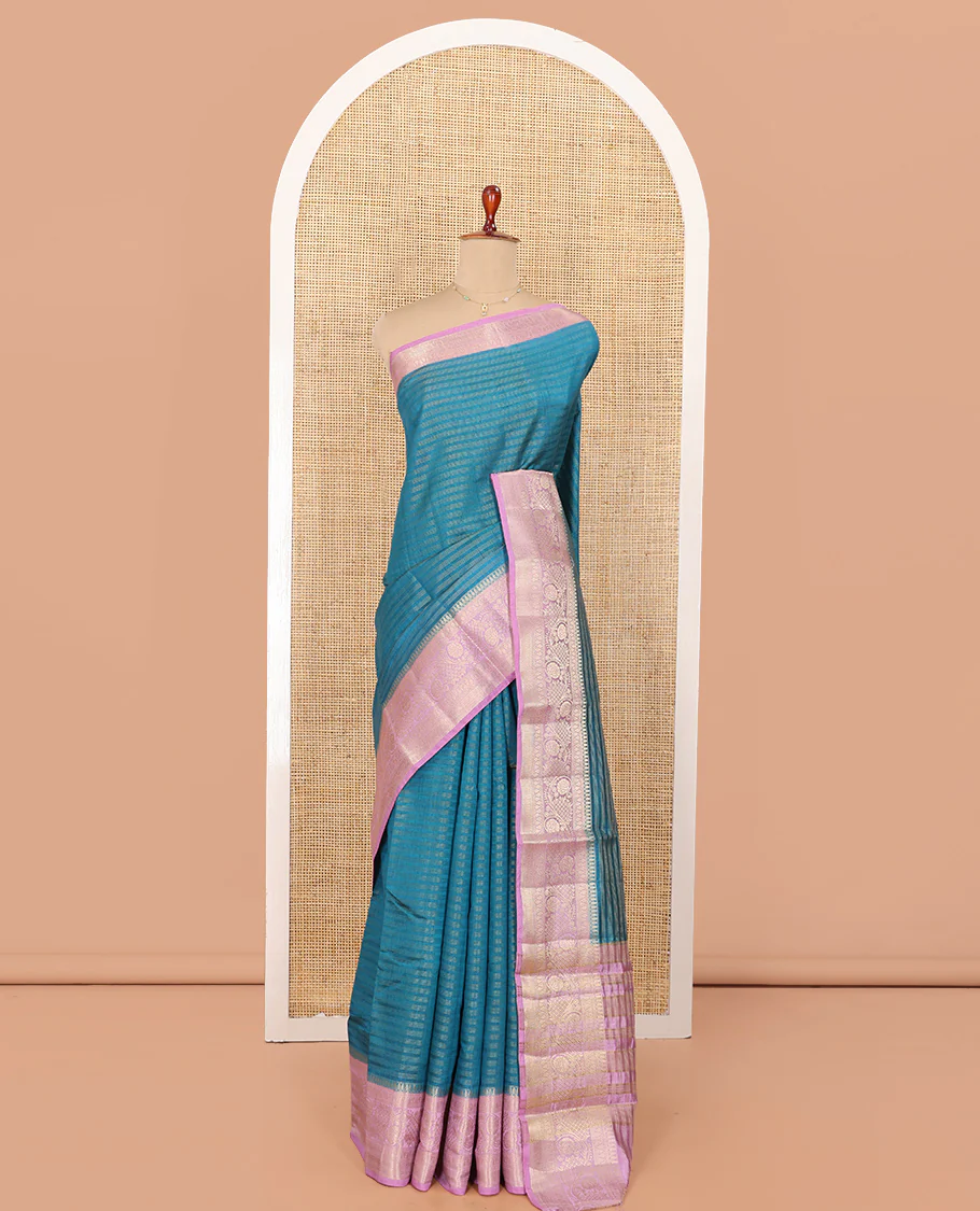 Blue Semi-Banarasi Dupion Saree, Beautified with Stripes, a Contrast Floral Creeper Zari Border, Striped Pallu, and a Contrast Blouse - Image 3