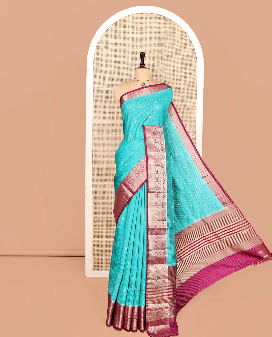 Blue Semi-Banarasi Dupion Saree, Detailed with Zari Butta and Checks, a Contrast Paisley Zari Design Border, Striped Pallu, and a Contrast Blouse