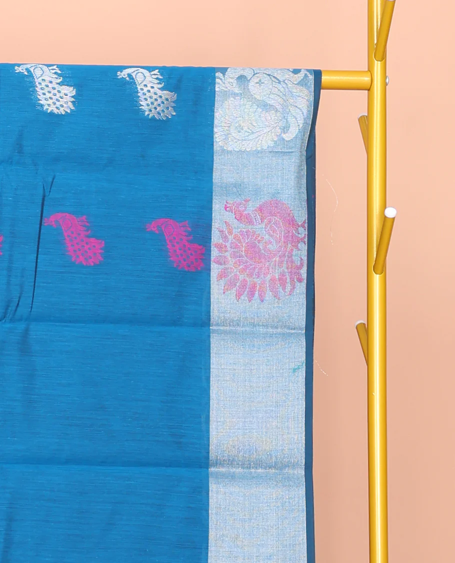 Blue Semi-Silk Cotton Saree, Adorned with Peacock Buttas All Over Its Body, Highlighted by a Self-Border of Peacocks, Pallu Steeped with Peacock Designs, and Paired with a Matching Blouse - Image 2