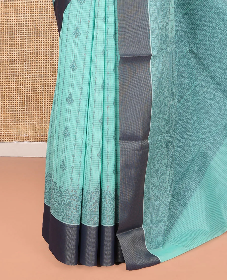 Blue Semi-Silk Cotton Saree, Adorned with Stripes and Buttas All Over Its Body, Complemented by Contrast Border, Pallu of Intricate Designs, and Paired with a Matching Blouse - Image 3