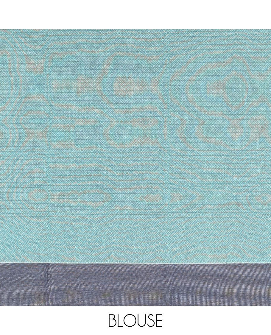 Blue Semi-Silk Cotton Saree, Adorned with Stripes and Buttas All Over Its Body, Complemented by Contrast Border, Pallu of Intricate Designs, and Paired with a Matching Blouse - Image 4