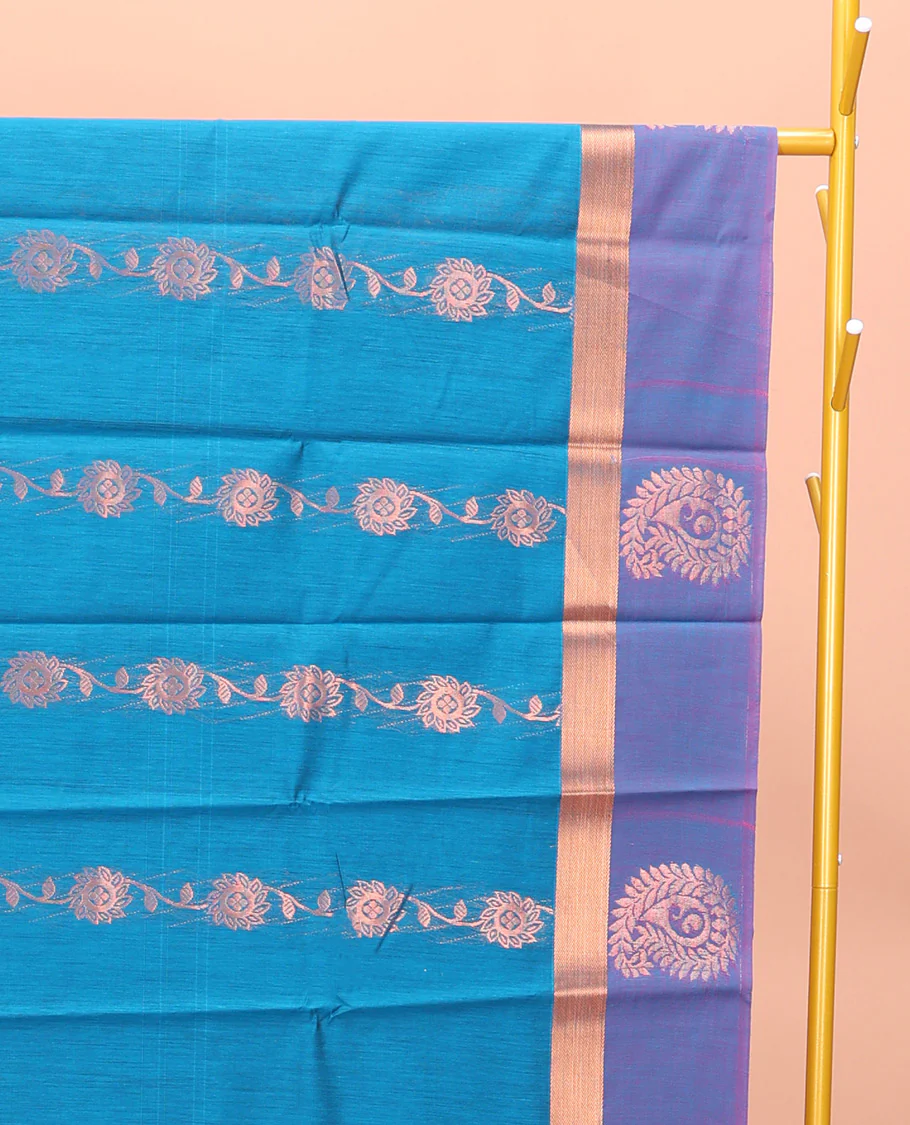 Blue Semi-Silk Cotton Saree, Artfully Adorned with Floral Creeper Design All Over Its Body, Complemented by a Contrast Paisley Zari Design Border, Pallu of Paisley Design, and Paired with a Matching Blouse - Image 2